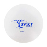 A white stress ball shaped like a tablet with a blue logo on one side.