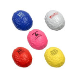 A collection of large brain-shaped stress relievers in blue, white, pink, red, and yellow with various logos.