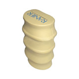 A cream-coloured spine-shaped stress reliever with a logo on the top, designed for stress relief.