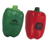 A green and a red capsicum-shaped stress reliever, featuring logos on both.