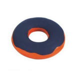 A donut-shaped stress reliever in navy blue and orange, featuring a smooth surface and a central hole.