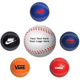 A collection of colourful baseball-shaped stress relievers in red, blue, orange, and white, featuring various logos.