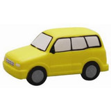 A yellow minibus-shaped stress reliever with black wheels and windows. Features a logo.