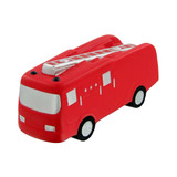 A red fire truck-shaped stress reliever with a silver ladder and wheels, featuring a simple design and branding.