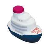 A white and blue ship-shaped stress reliever with a pink top and a logo on the side.