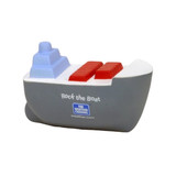 A grey and blue container ship stress reliever with red containers and a logo on the side.