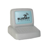 A grey computer-shaped stress reliever featuring a blue screen and a logo, designed for fun and stress relief.