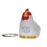 A white and yellow rooster-shaped stress reliever attached to a metal keyring, featuring a logo.