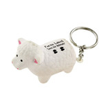 A white sheep stress reliever keyring with a silver keychain attachment. It features a textured surface and a branding logo.