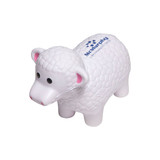 A white sheep-shaped stress reliever with a textured surface and a logo on its side.