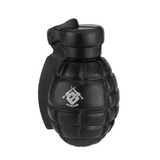 A black grenade-shaped stress reliever with a textured surface and a grip handle, featuring a logo.