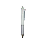 A three-colour ball pen in white and silver, featuring red, blue, and black ink options with a logo.