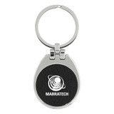 A silver keychain with a black leather-like section featuring a logo. The keychain has a circular ring for keys.