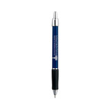 A metallic blue pen with silver accents, featuring a black grip and a branding logo.