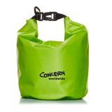 A bright green 5L dry bag with a buckle closure and a logo on the front.
