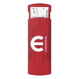A red bandage dispenser featuring a white logo and containing bandages inside.