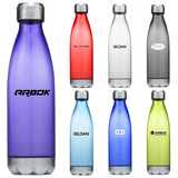 A drink bottle collection featuring various colours: purple, red, silver, green, and blue, each with branding.