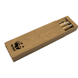 A bamboo pen set in a wooden box, featuring two pens and a logo, showcasing natural tones.