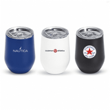 Three insulated mugs with lids in blue, white, and black, featuring different logos.