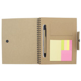 A spiral-bound notebook with a brown cover, a pen, and sticky notes in yellow and pink.