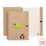 A spiral-bound eco notebook with a recycled paper cover in brown, featuring lined pages and a logo.