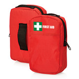 A red first aid kit pouch featuring a handle and zip closure, with a green cross logo on the front.