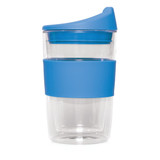 A drink bottle featuring a transparent glass body with a blue silicone sleeve and lid. It has a double wall design.