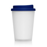 A frosted plastic double wall coffee cup in white with a blue lid, featuring a logo on the design.