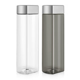 A drink bottle set featuring a clear and a dark grey Tritan bottle with metallic silver caps. Both have a flat-sided design.