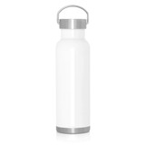 A drink bottle featuring a white stainless steel double wall design with a metal handle and lid.