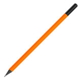 A triangular pencil in vibrant orange with a black cap, featuring a sharpened tip.