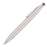 A silver metal ballpoint pen with a stylus tip, featuring a sleek design and a clip on the side.