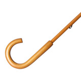A wooden-handled umbrella with a curved grip, featuring a sleek design and a warm, natural colour.