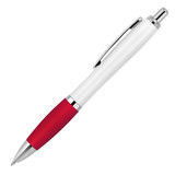 A ballpoint pen with a white barrel and red silicone grip, featuring a silver clip and accents.