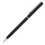 A matte black ballpoint pen with silver accents and a clip, featuring a branding logo. A matte black ballpoint pen with silver accents and a clip, featuring a branding logo.