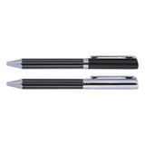 A set of two metal ballpoint pens in black and silver, featuring sleek designs and a branding logo.