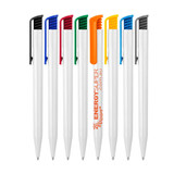 A set of ballpoint pens in gloss white with various coloured grips and a logo on one pen.