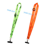 Two adjustable woven phone lanyards are displayed: one in bright green and the other in vibrant orange, both with logos.