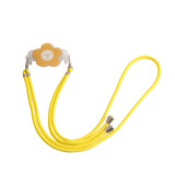 A yellow adjustable phone lanyard with a flower-shaped back clip and dual cords. Features a logo on the clip.
