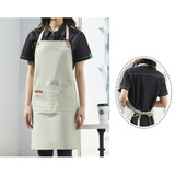 A light grey poly-cotton canvas bib apron with a neck strap and front pocket, featuring a logo.