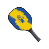 A wooden pickleball paddle with a blue and yellow design, featuring an abstract pattern and a textured handle.