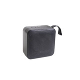 A portable wireless Bluetooth speaker in black with a textured surface and a carrying strap.