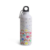 A drink bottle featuring a white body with colourful rainbow and cloud designs, complemented by a black cap and carabiner.