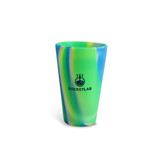 A custom silicone cup in green and blue with a logo on its side.