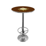 A bar table with a round brown top and a stainless steel base, featuring a logo on the surface.