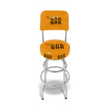A yellow bar stool with a backrest featuring the word "BAR" and a chrome base. It has a round padded seat.