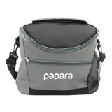 A grey cooler bag with a black top, featuring a zippered pocket and a mesh side pocket. It has a logo on the front.