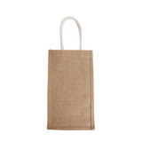 A jute double wine carrier in a natural brown colour, featuring two compartments and white handles.
