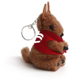 A brown plush kangaroo keychain toy with a red scarf, featuring a small loop for attachment.