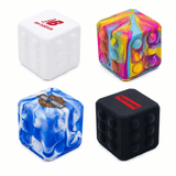 Four textured cubes in various colours: white, vibrant pink and yellow, blue marble, and black, each with a logo.